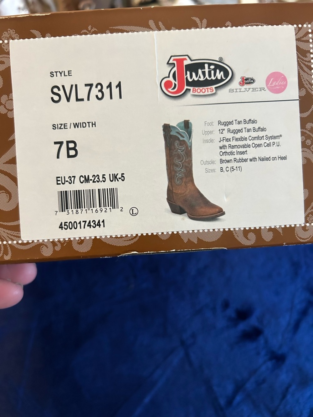 Justin Boots Brown Leather Cowboy Boots with Turquoise Top Trim - Picture 5 of 12